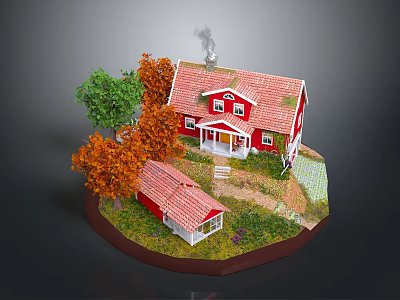 Modern House Model Scene With Red Roof Building And Colorful Trees On Lawn 3d model