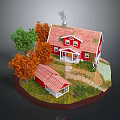 Modern House Model Scene With Red Roof Building And Colorful Trees On Lawn