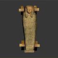 Ancient Egyptian Sarcophagus Sculpture With Intricate Carvings And Painted Details On Wooden Stands
