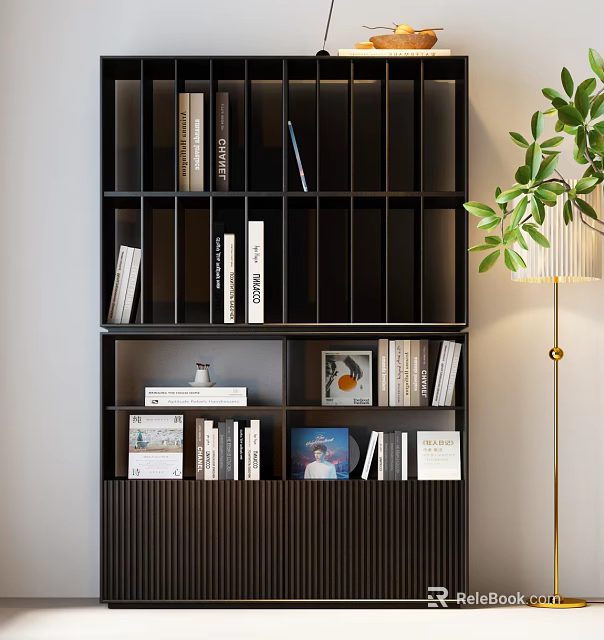 Modern Black Bookcase with Multiple Compartments Books and Decorative Items 3d model