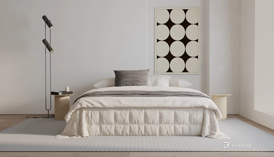 Double Bed With White Quilt Gray Pillows Black White Circular Wall Art Nightstands Floor Lamp 3d model 