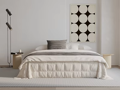 Double Bed With White Quilt Gray Pillows Black White Circular Wall Art Nightstands Floor Lamp 3d model