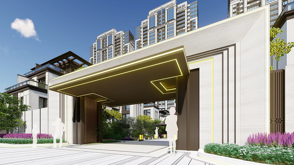 Modern Residential Entrance Garden Landscape With Greenery And High Rise Buildings 3d model 