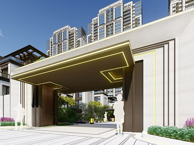 Modern Residential Entrance Garden Landscape With Greenery And High Rise Buildings 3d model