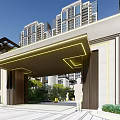 Modern Residential Entrance Garden Landscape With Greenery And High Rise Buildings