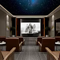 Luxury Cinema Interior With Starry Ceiling Comfortable Seats And Decorative Paintings