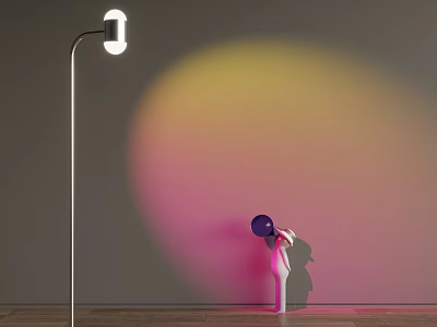 Floor Lamp Casting Colorful Gradient Light on Gray Wall with Sculpture on Wooden Floor 3d model