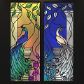 Stained Glass Window Design With Colorful Peacocks Flowers And Leaves In Blue Orange Tones