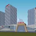 Modern Commercial Complex With High Rise Buildings Glass Curtain Walls And Red Logos