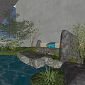 Serene Garden Ornament With Large Rocks Small Trees Mossy Grass And Flowing Stream