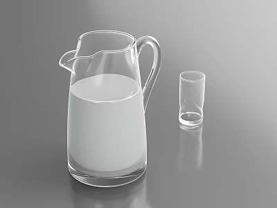 Transparent Glass Pitcher Filled With Milk And Small Glass On Gray Tabletop 3d model