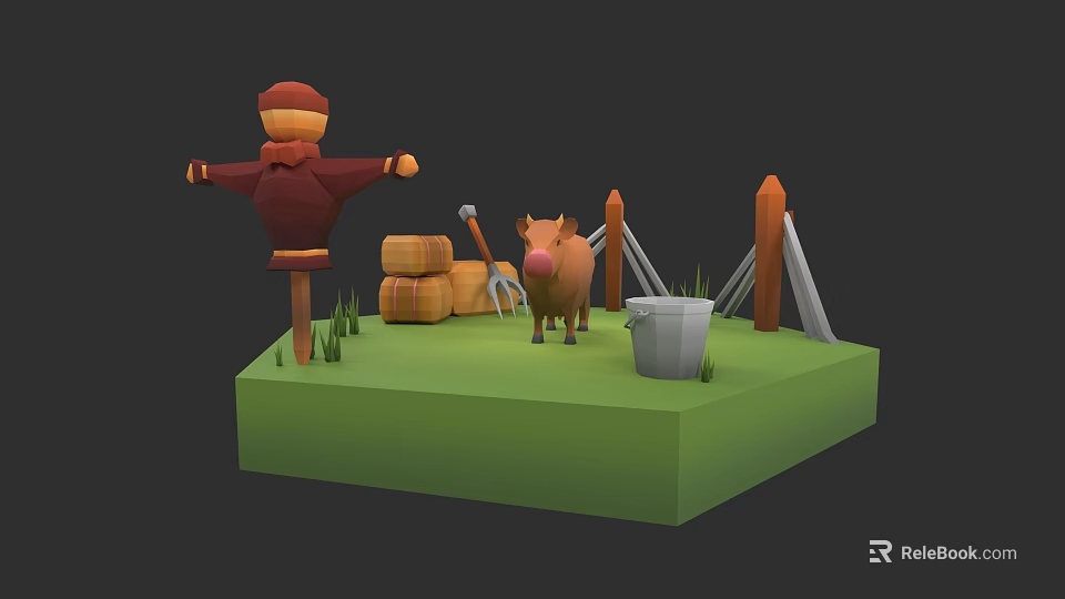 Cartoon Style Farm Scene With Scarecrow Pig Hay Bales And Fence On Green Platform 3d model 