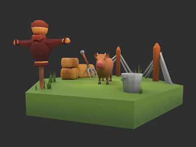 Cartoon Style Farm Scene With Scarecrow Pig Hay Bales And Fence On Green Platform 3d model