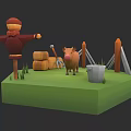 Cartoon Style Farm Scene With Scarecrow Pig Hay Bales And Fence On Green Platform