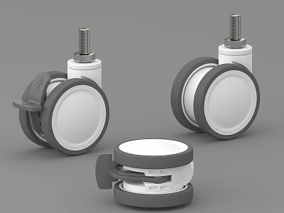 Three White Caster Wheels with Gray Brackets Brake Mechanism and Screw Rod Design 3d model