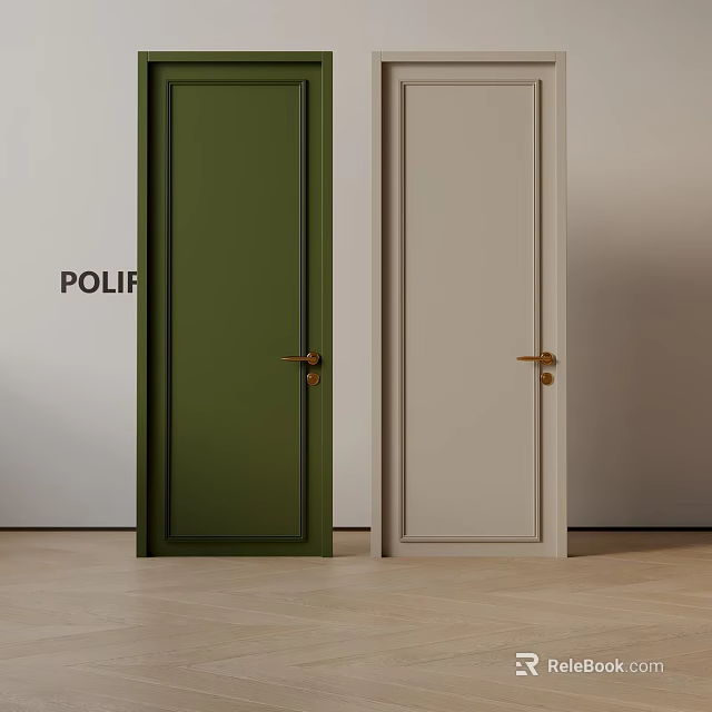 Hinged Doors in Green and Beige with Brass Handles and Modern Interior Design 3d model 