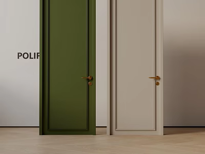 Hinged Doors in Green and Beige with Brass Handles and Modern Interior Design 3d model