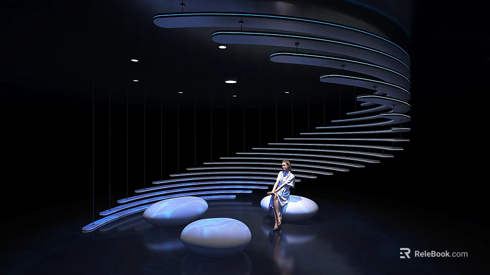 Modern Leisure Area With Curved Illuminated Steps White Circular Seats And Blue Lighting 3d model 