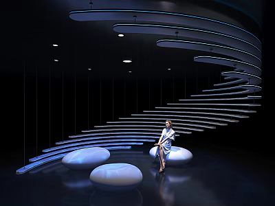 Modern Leisure Area With Curved Illuminated Steps White Circular Seats And Blue Lighting 3d model
