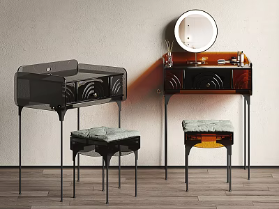 Modern Stylish Dressing Table With Round Mirror And Matching Stool Design 3d model