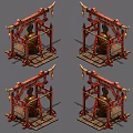 Ancient Musical Instruments Featuring Red Frames Hanging Bells And Wooden Pedestals Set Of Four