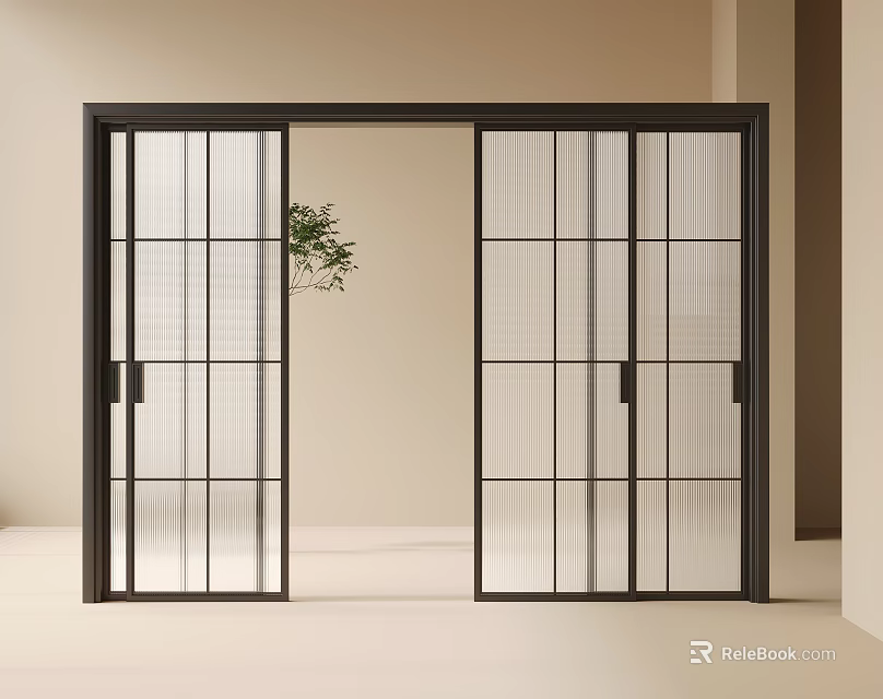 Modern Black Frame Sliding Doors with Grid Clear Glass Panels in Minimalist Interior Design 3d model 
