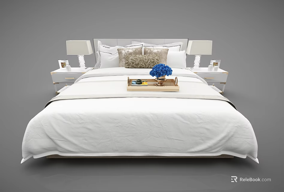 Double Bed with White Bedding Decorative Pillows Nightstands and Blue Flowers on Tray 3d model 