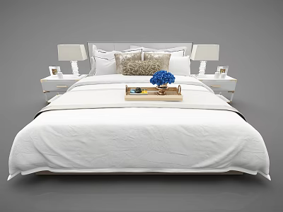 Double Bed with White Bedding Decorative Pillows Nightstands and Blue Flowers on Tray 3d model