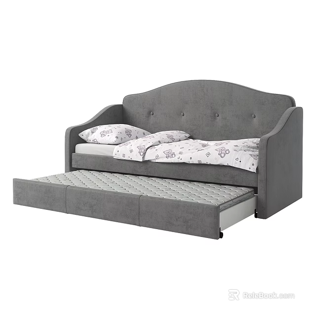 Grey Upholstered Single Bed with Pull Out Mattress and Patterned Pillows 3d model 