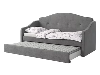 Grey Upholstered Single Bed with Pull Out Mattress and Patterned Pillows 3d model