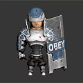 3D Armored Warrior Character With OBEY Shield And Blue Silver Armor Design