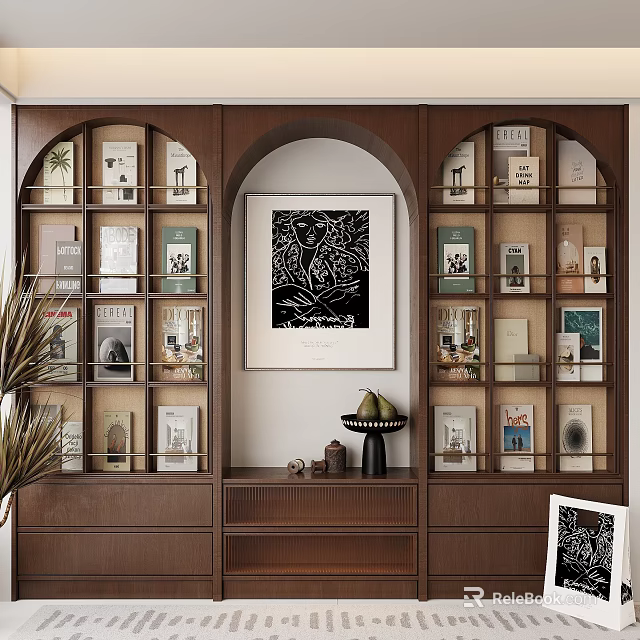 Wooden Bookcase With Arched Design Central Decorative Artwork Filled With Books Decorations and Bottom Drawers 3d model 