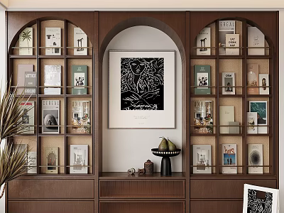 Wooden Bookcase With Arched Design Central Decorative Artwork Filled With Books Decorations and Bottom Drawers 3d model