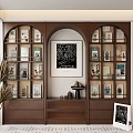 Wooden Bookcase With Arched Design Central Decorative Artwork Filled With Books Decorations and Bottom Drawers