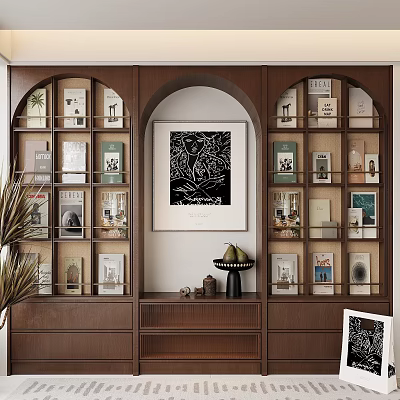 Wooden Bookcase With Arched Design Central Decorative Artwork Filled With Books Decorations and Bottom Drawers 3d model