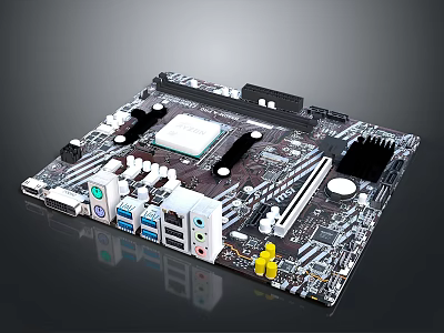 High Performance Electronic Computer Motherboard With CPU Socket Various Ports And Components 3d model