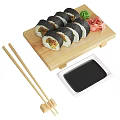 Delicious Sushi Rolls Served on Wooden Board with Chopsticks Soy Sauce Wasabi and Pickled Ginger
