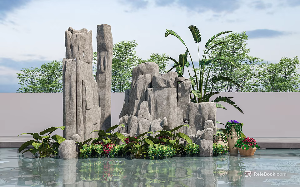 Natural Stone and Wood Outdoor Design with Rock Structures Palm Leaves and Colorful Flowers 3d model 