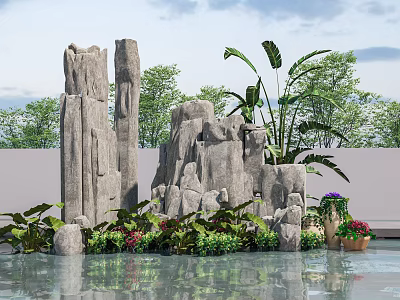 Natural Stone and Wood Outdoor Design with Rock Structures Palm Leaves and Colorful Flowers 3d model