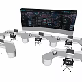 Modern Office Desks With Computer Monitors And Large Data Display Wall Featuring World Map 3d model