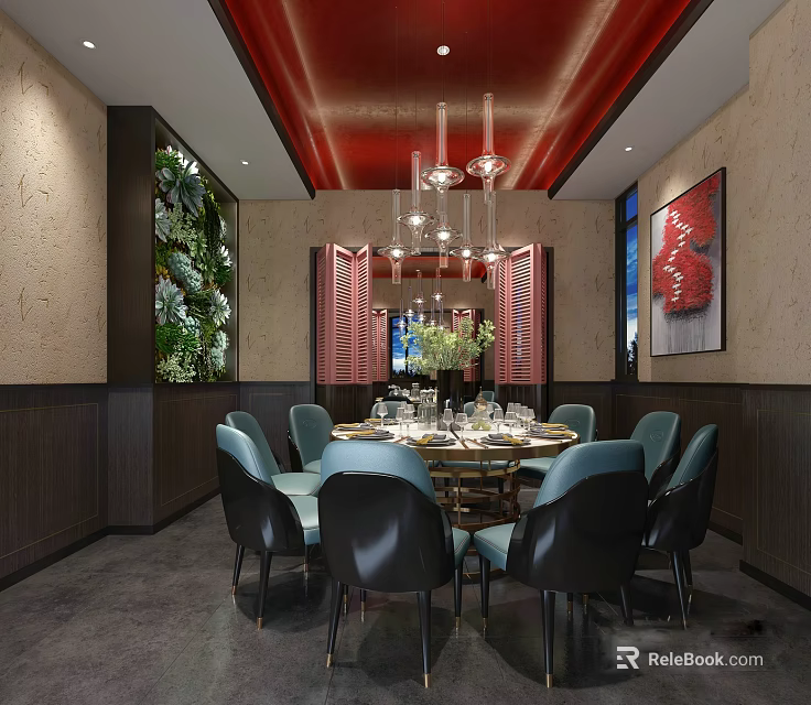 Private Dining Room Interior With Red Ceiling Chandeliers Round Table Blue Chairs And Green Wall 3d model