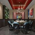 Private Dining Room Interior With Red Ceiling Chandeliers Round Table Blue Chairs And Green Wall 3d model