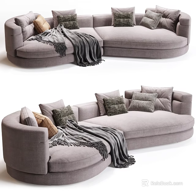 Modern Gray Sectional Sofa With Plush Pillows And Cozy Blanket Elegant Design 3d model 