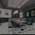 Modern Restaurant Interior Design With Teal Walls Blue Chairs White Tables And Hanging Lights