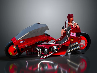 Red Streamlined Motorcycle With Red Haired Girl Sitting On Reflective Surface 3d model