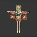 Anime Style Girl Character With Blonde Hair Red Hairpin Blue Kimono Top And Red Skirt