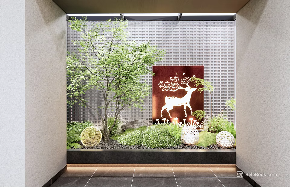 Modern Indoor Landscape With Green Plants Decorative Deer Screen Spherical Ornaments And Grid Wall 3d model 