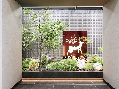 Modern Indoor Landscape With Green Plants Decorative Deer Screen Spherical Ornaments And Grid Wall 3d model