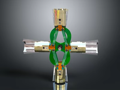 Cross Shaped Mechanical Structure With Green Circular Components And Metallic Arms Design 3d model