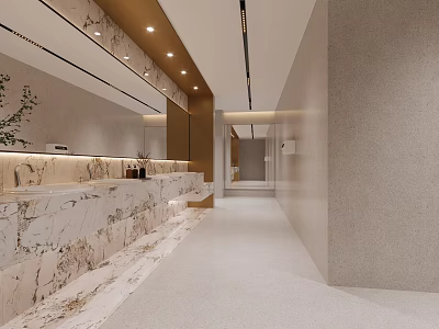 Modern Luxury Public Toilet Interior Design With Marble Wash Counter And Warm Comfortable Ambient Lighting 3d model